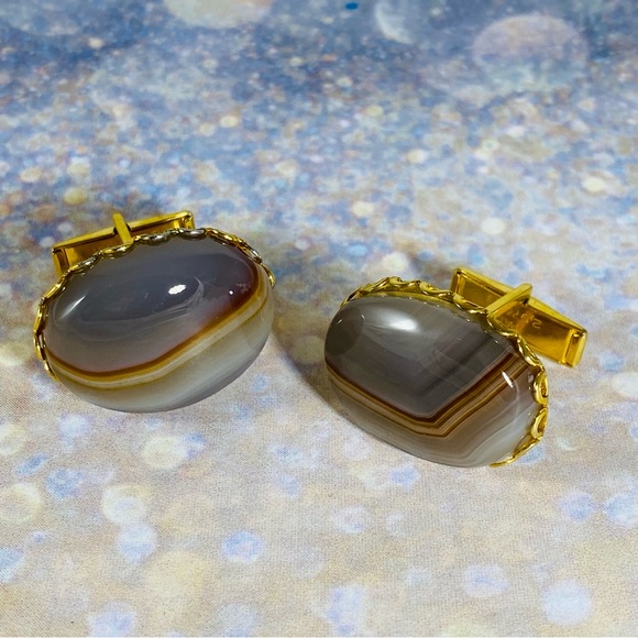 Vintage, gold tone, agate, cabochon men’s cufflinks - Picture 3 of 4